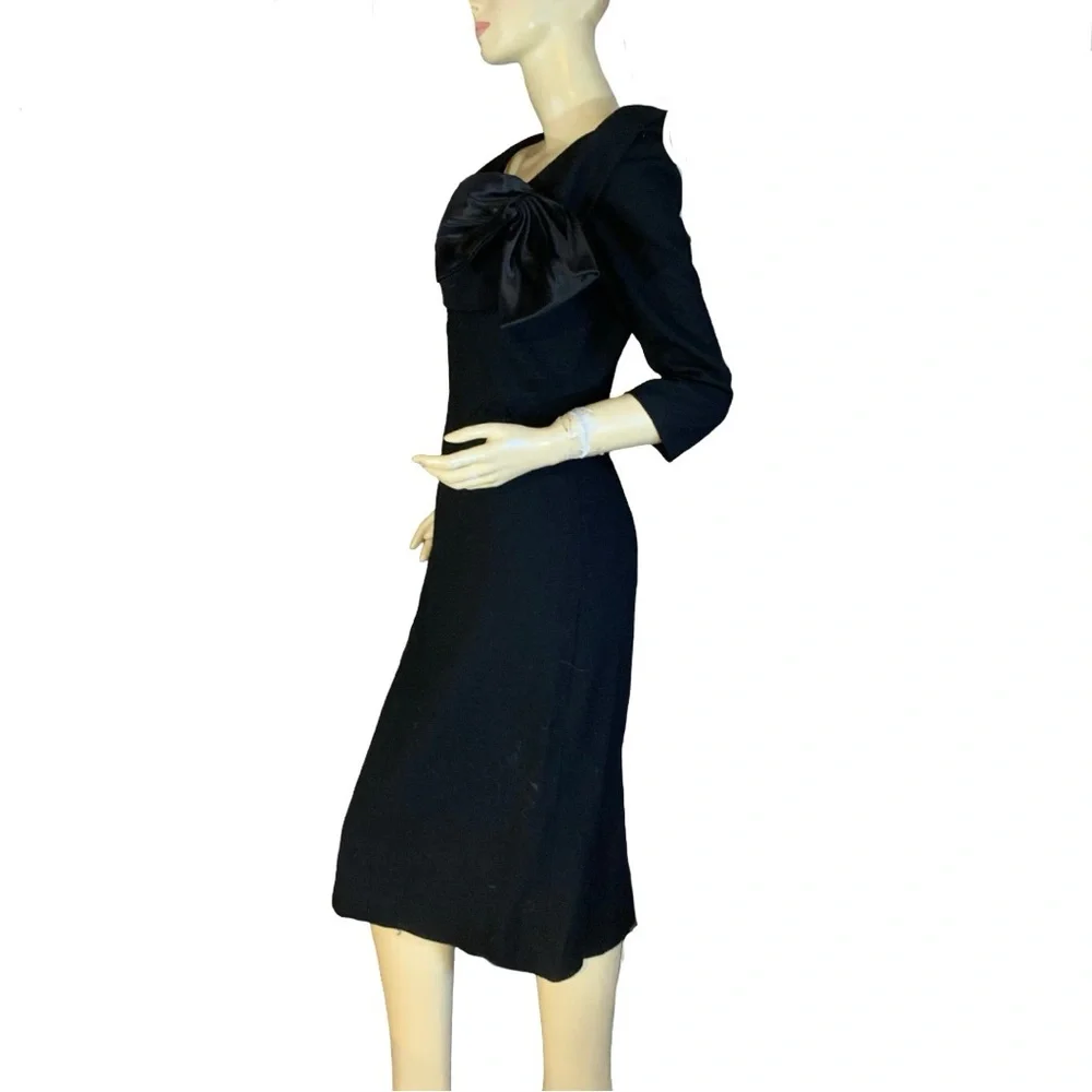 VINTAGE 1960'S CAROL CRAIG BLACK WOOL COCKTAIL WIGGLE DRESS (S) - Picture 6 of 14